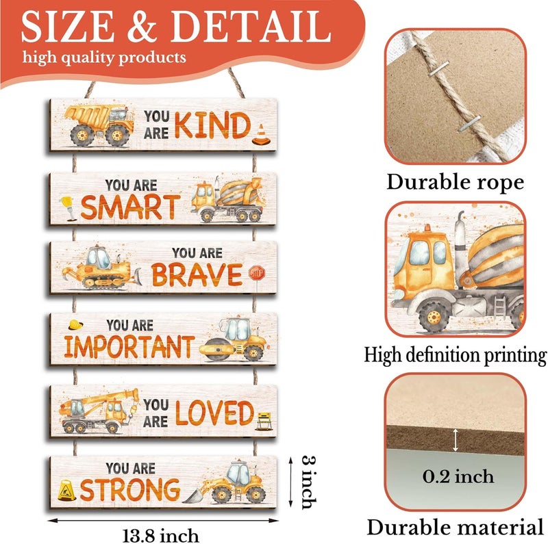 HIWERAN 6 Pcs Construction Truck Decor Kids Room Decor, Construction Truck Positive Quotes Wall Art Decor Hanging Plaque Sign for Teens Bedroom Toddler Room, Works of art Made of Wood, Placards of Wood - Image 2